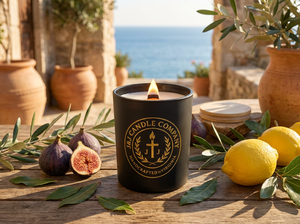 Candle with decorative elements on a wooden table by the sea