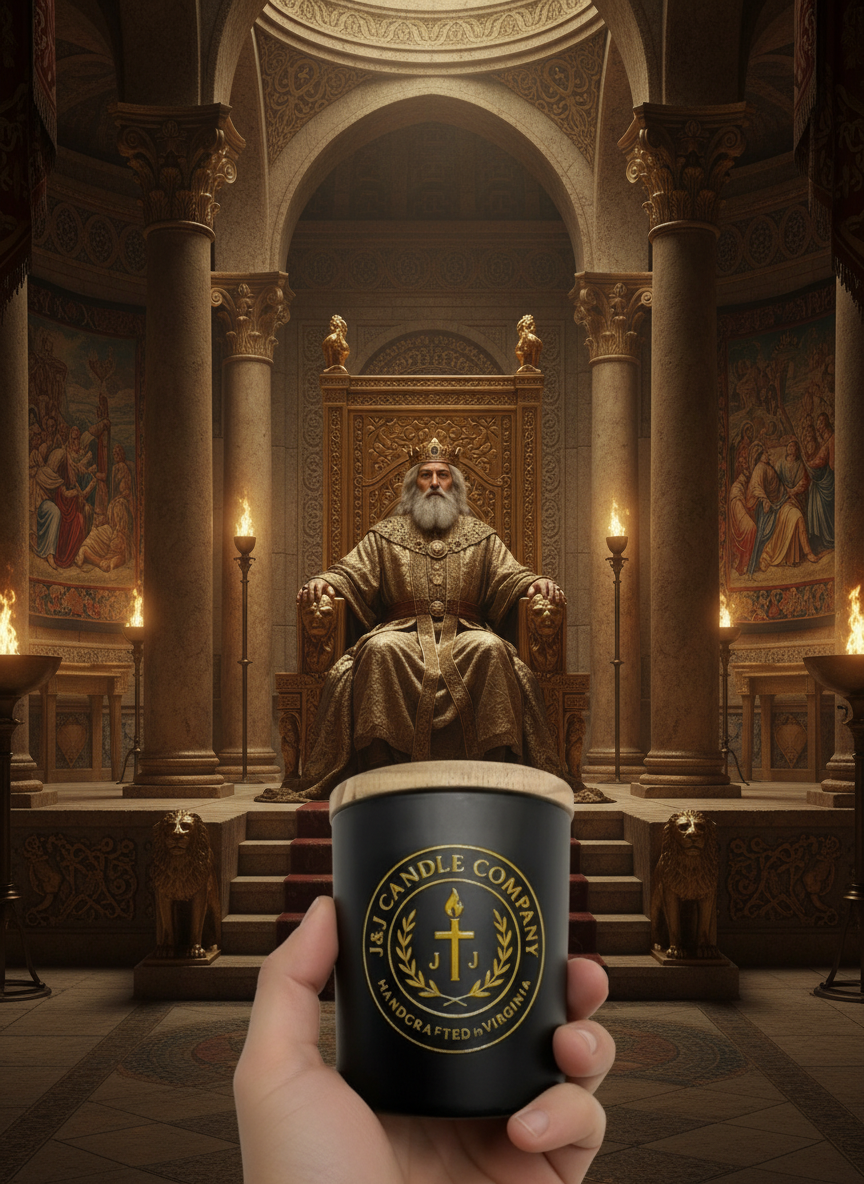 Hand holding a black candle with gold design in a grand, ornate room with a throne.