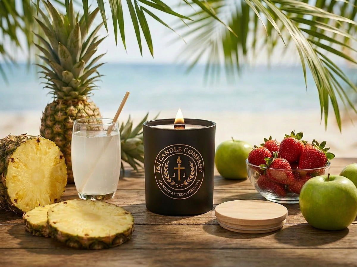 Candle with brand logo on a table with fruits and a drink, beach in the background