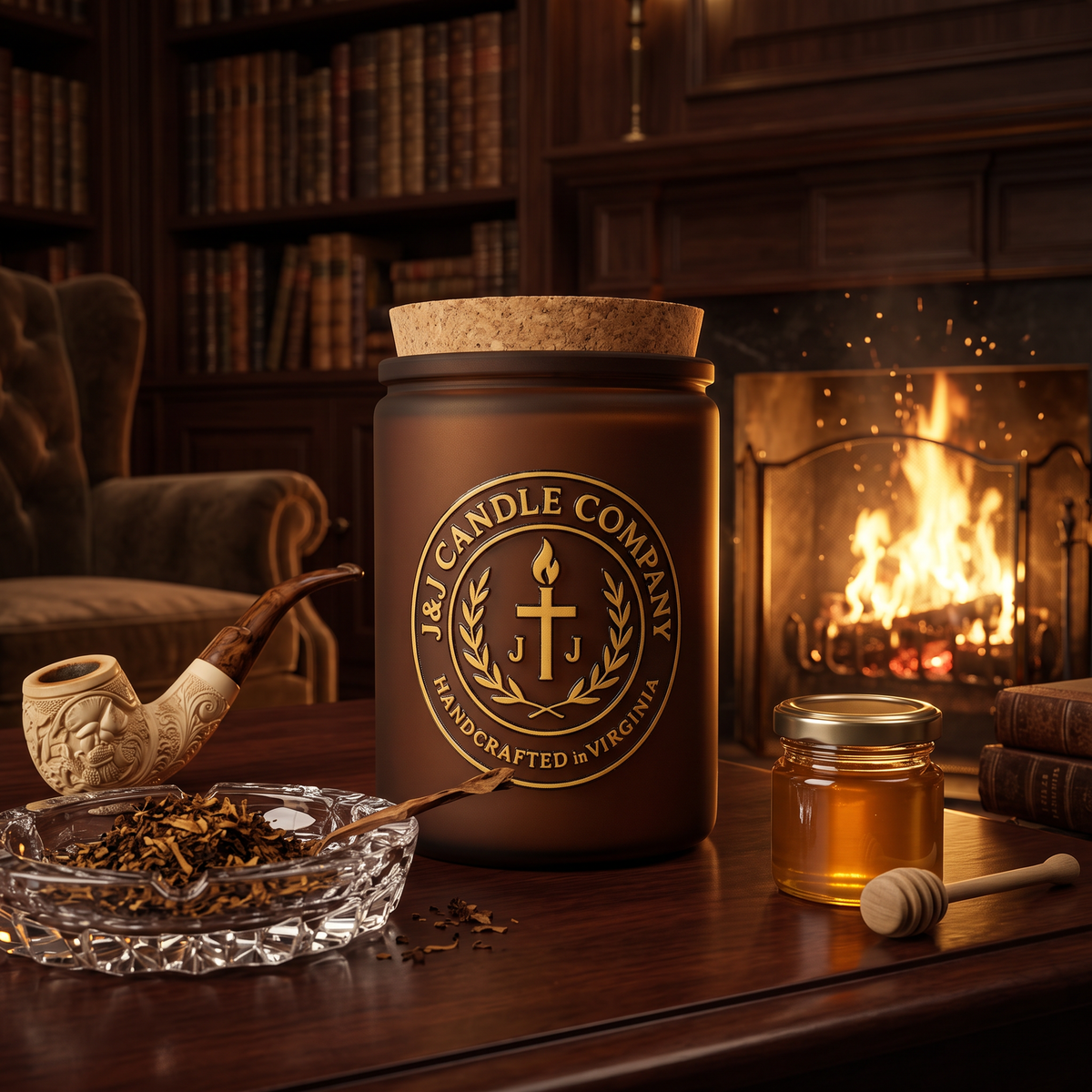 A large amber-brown jar candle with a cork lid and a gold circular logo reading 'J&L Candle Company' stands on a wooden table in a cozy room with a burning fireplace, books, a pipe, and a small honey jar nearby.