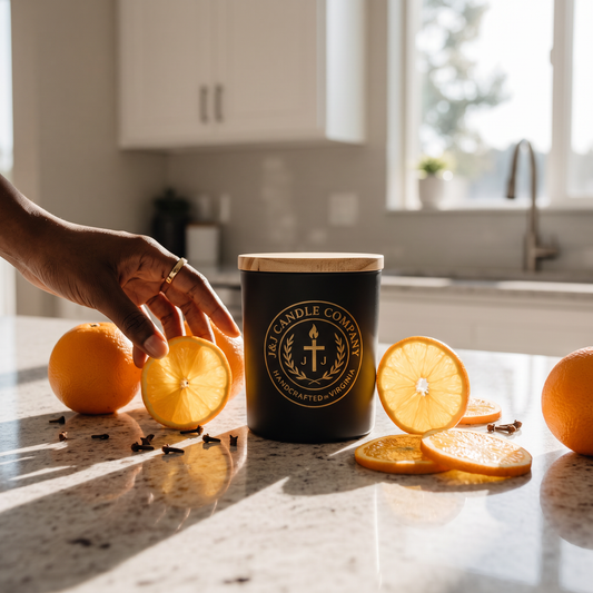 A black candle jar with a light wood lid sits on a kitchen countertop, surrounded by sliced oranges and whole oranges. A person's hand is reaching toward one of the oranges on the left.
