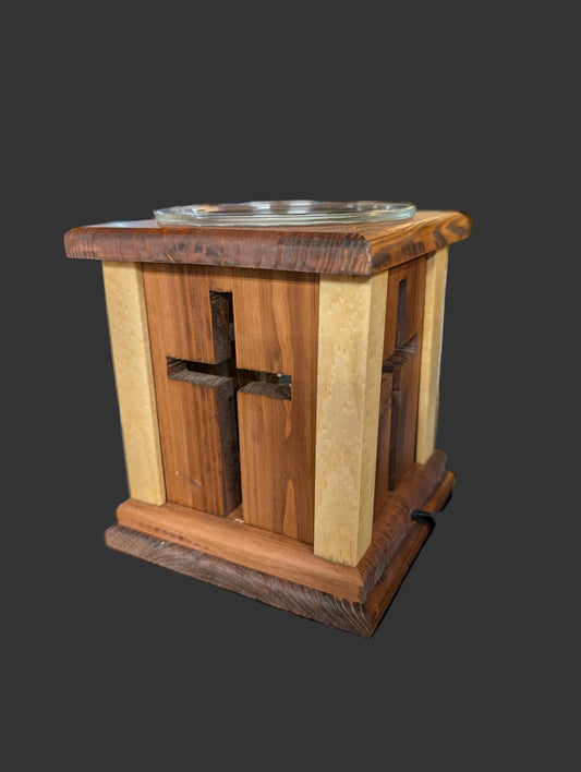 Wooden wax melter with cross design
