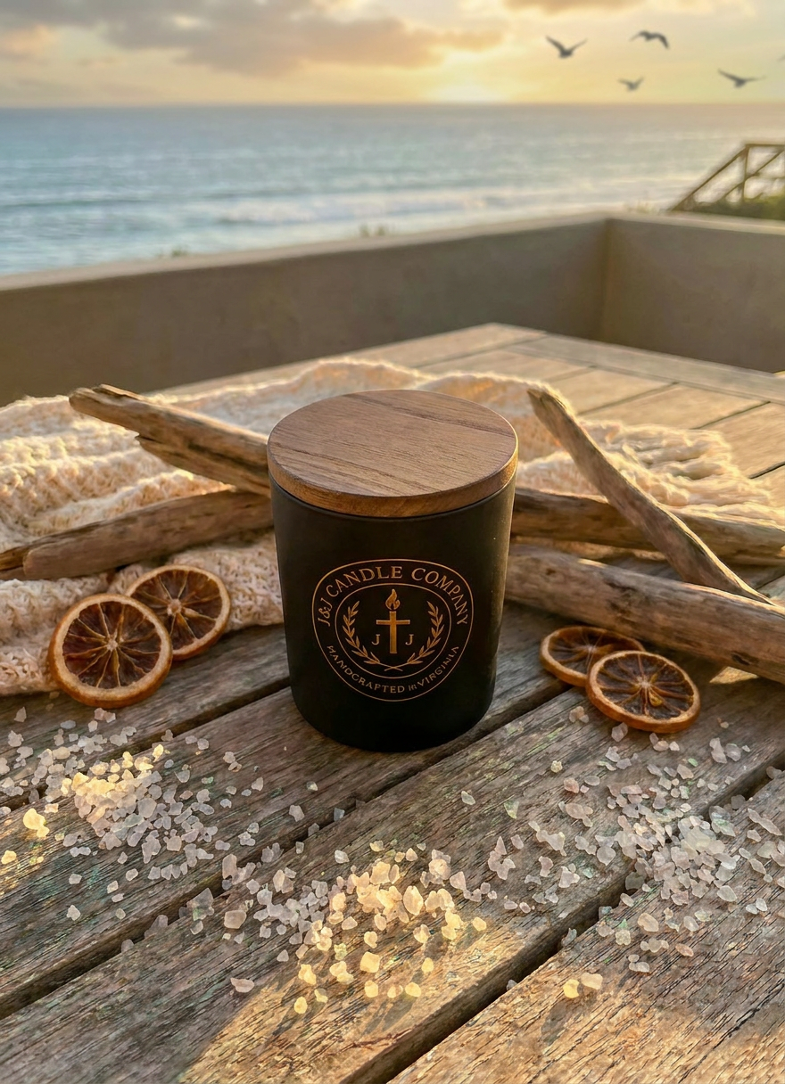 Candle with wooden lid on a wooden surface by the ocean during sunset