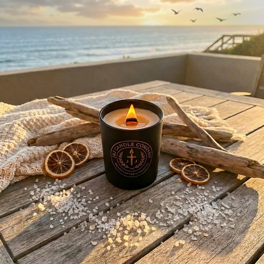 Candle in a black container with a logo on a wooden surface by the ocean during sunset.