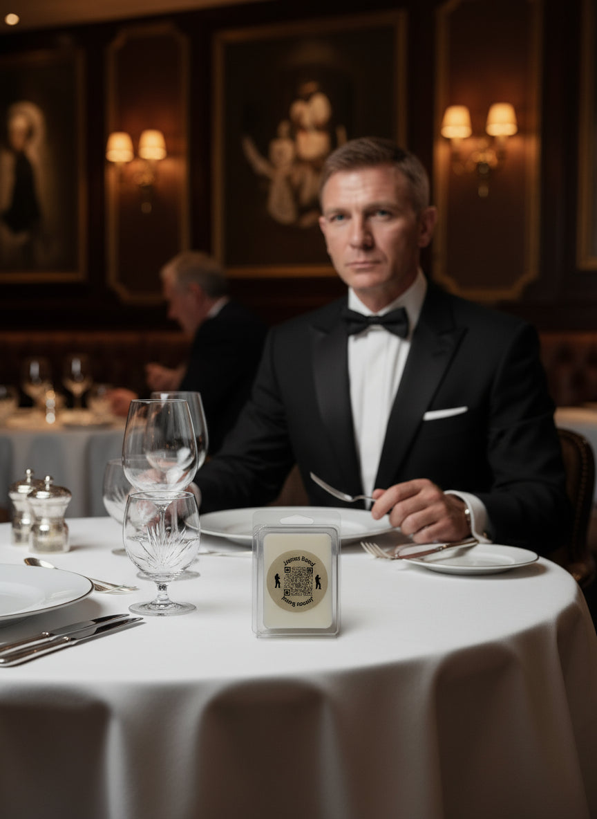 Round label with QR code and James Bond