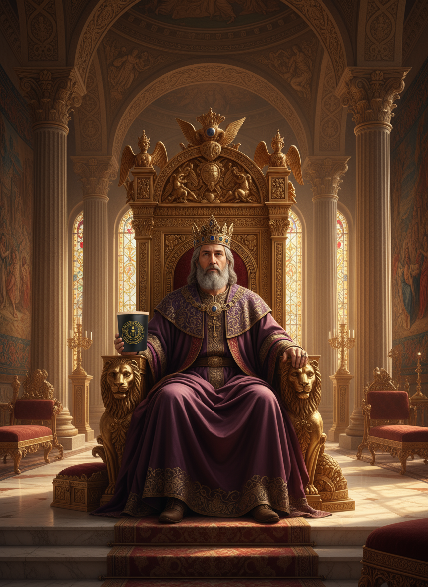 Man in royal attire sitting on a throne in an ornate room with stained glass windows. J & J Candle Company