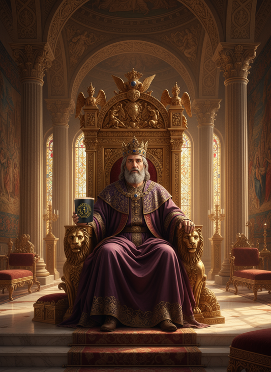 Man in royal attire sitting on a throne in an ornate room with stained glass windows. J & J Candle Company