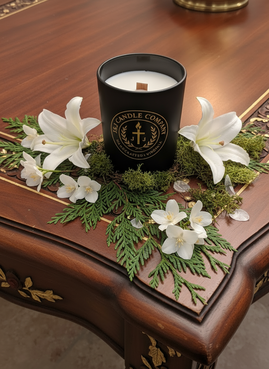Black candle with a logo on a decorative table with white flowers and greenery