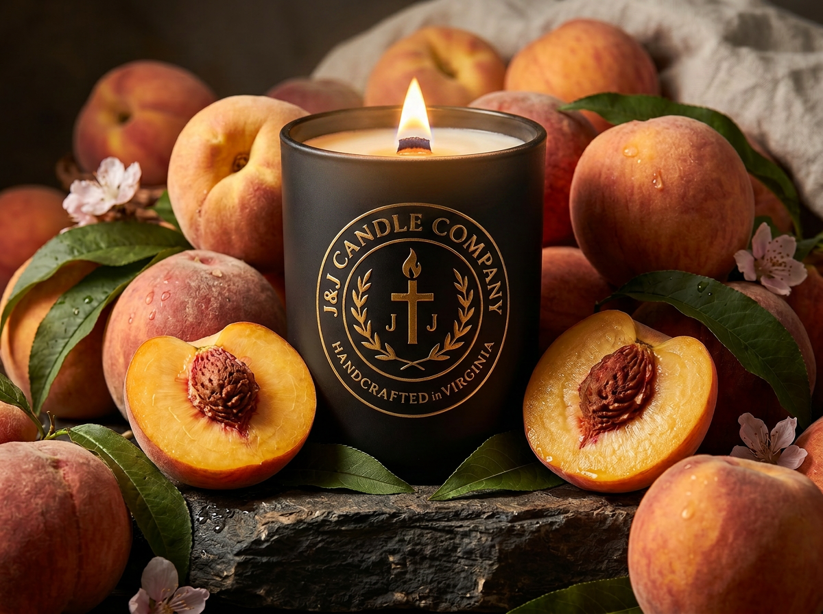 Candle from J&J Candle Company surrounded by peaches and green leaves