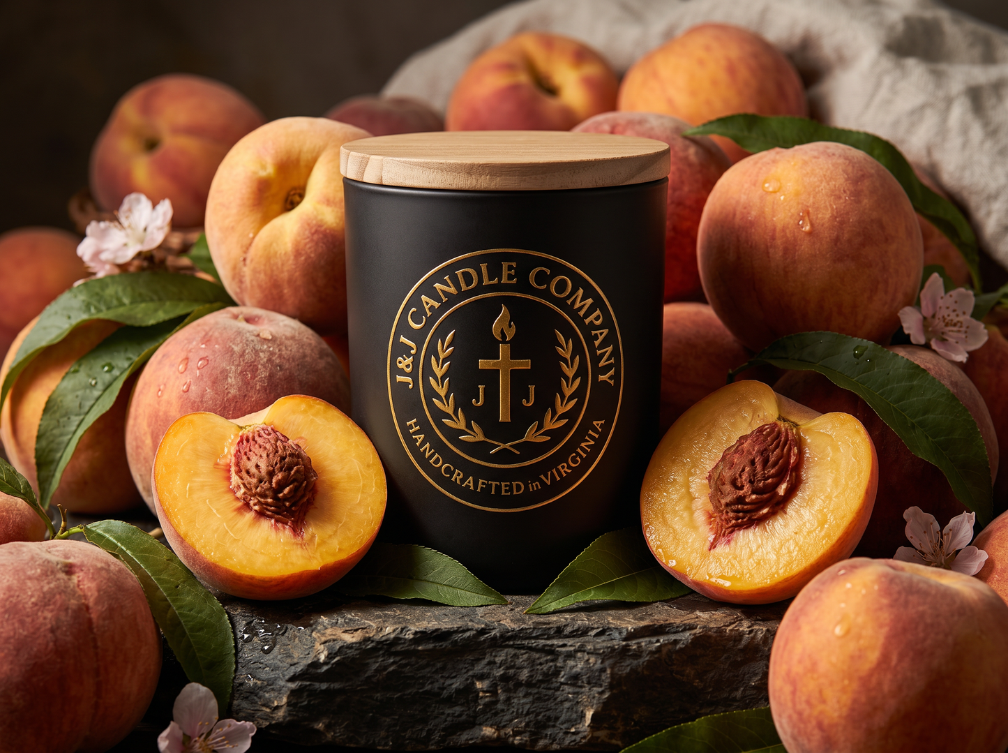 Candle from J&J Candle Company surrounded by peaches and leaves