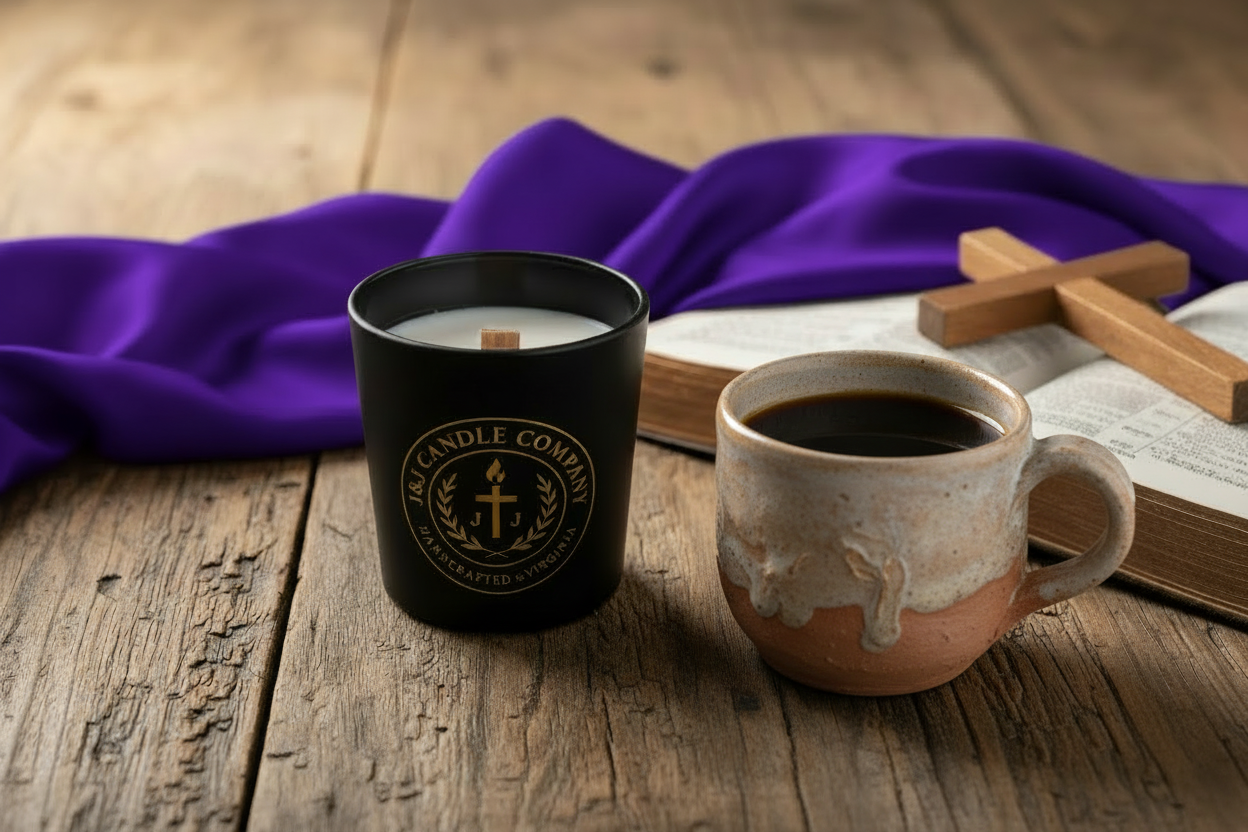 Black candle with 'Black Candle Company' logo, coffee cup, and cross on a book on a wooden surface.