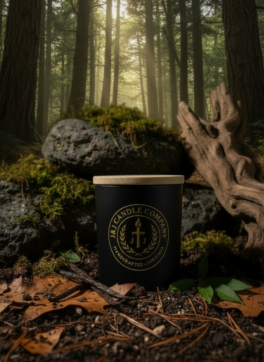 Black candle container with a logo in a forest setting. J & J Candle Company