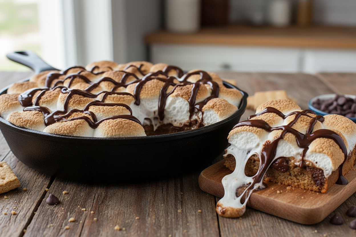 Ultra-realistic S'mores Skillet with toasted marshmallows and chocolate drizzle